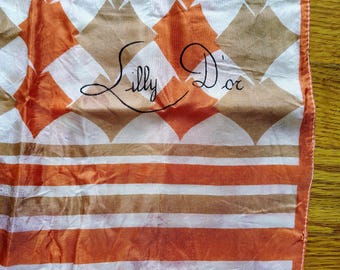 Vintage Lilly D'or Satin Scarf: Orange Tan Diamond Stripe, 54.5"