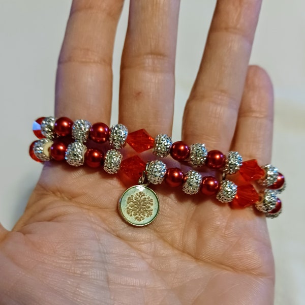 Up-cycled Snowflake Stretch Bracelet Silver and Red Glass Beads 7" Long w 1/2" Charm Repurposed Unisex