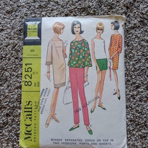 CLEARANCE Vintage McCalls 8251 Pattern Dress or Top and Pants or Shorts Miss Size 10 Bust 31