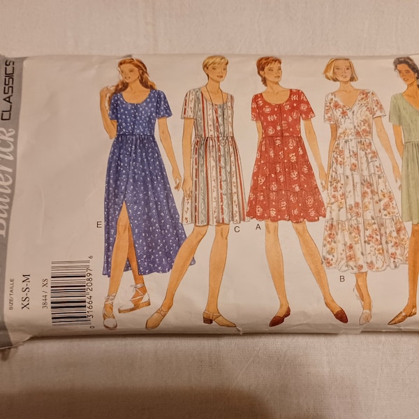 Vintage Butterick 3844 Pattern Button-Down Dress Miss Size Med