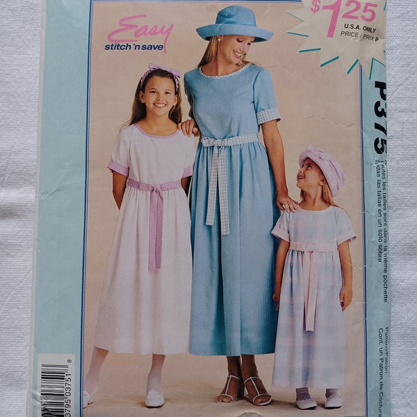 Vintage Stitch n Save by McCalls P375 Pattern Dress, Sash and Headband Child Size Xs-Sm, Girls Size Md-XL, Miss Size Sm-Xl Uncut Pattern