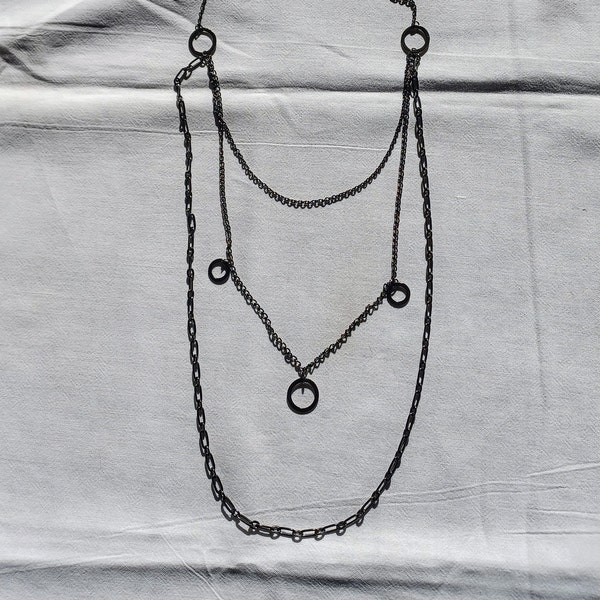 3 Tier Black Metal Chain Necklace w Circle Accents 24 Inch 30 Inch and 40 inch Length