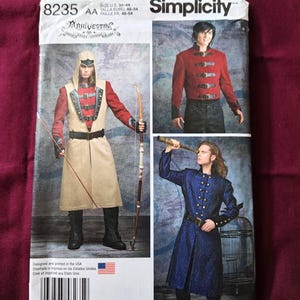 May include: Simplicity sewing pattern 8235 for costumes, featuring size U.S. 38-44. The envelope displays three variations of jackets and coats, including a hooded tan coat with buckles, a red jacket with black trim, and a blue patterned coat.