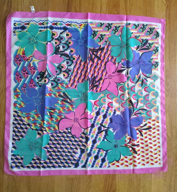 Vintage Floral Polyester Scarf Blue, Pink, Green, Black 31 Inches by 30 Inches Made in Italy