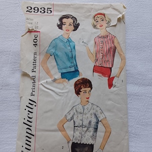 CLEARANCE Vintage Simplicity Pattern Button Down Over Blouse Miss Size 12 (1959)