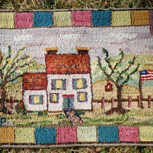 Primitive Hand Hooked Rug / Wall Hanging - Colonial House