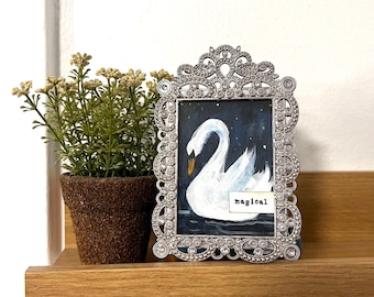 Mini Magical Swan Painting, Silver Filigree Frame, Elegant Fairytale Art
