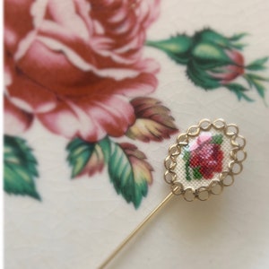 Vintage Cross Stitch Red Rose Lapel Pin | Embroidered Rose Stick Pin | Rose Filigree Jewelry Brooch | Mothers Day Gift | Valentines Gift