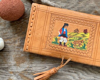 Folk Art Boho Leather Wallet | Vintage Purse | Tan Brown | Tassels | Women's Clutch Wallet | Hand Made | Christmas Gift for Her