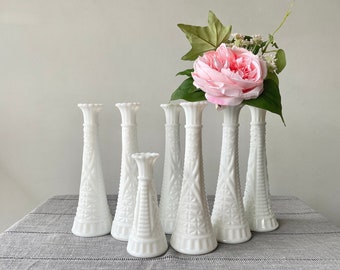White Milk Glass Bud Vase Set | Six 9-Inch Tall Vintage Vases | White Wedding Decor