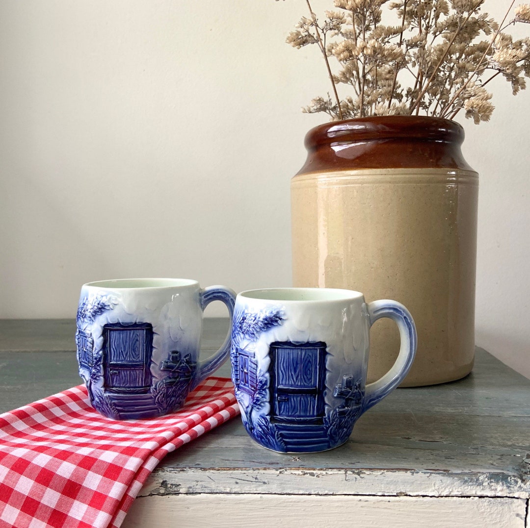 Cottage Blue & White Coffee Mugs Door Design, Cottagecore Decor - Etsy
