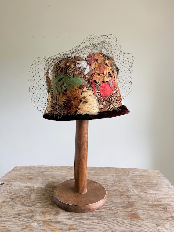 VINTAGE FEATHERED CLOCHE: Bucket Hat with Exotic F