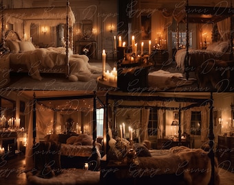 Boudoir, Digital Backdrop, Digital Background, romantic, model, bed, canopy Bed, sensual, dark, candles, candlelight