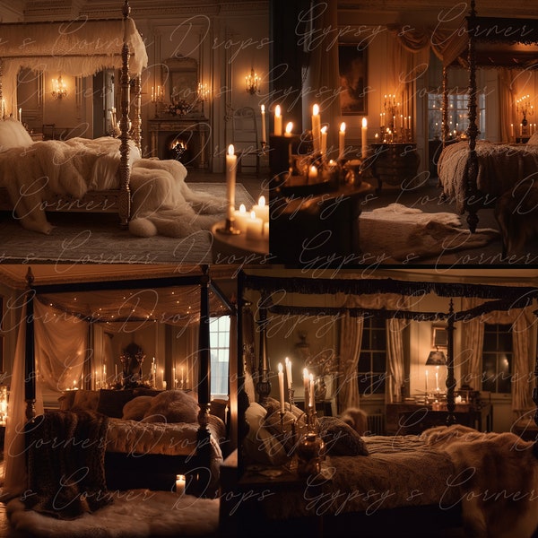 Boudoir, Digital Backdrop, Digital Background, romantic, model, bed, canopy Bed, sensual, dark, candles, candlelight