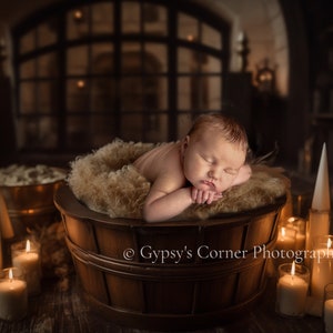 Wizard inspired Newborn Digital Backdrop for a baby boy or girl. Great Hall with candles and bucket