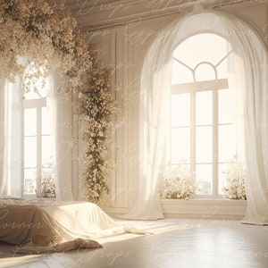 Maternity, Digital Backdrop, Digital Background, Overlay, Model, girl, room, floral, cream, white, romantic, flowers