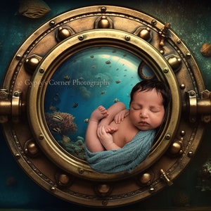Newborn, Digital Backdrop, Digital Background, baby, girl, boy, porthole, nautical, whimsical, under the sea, under water