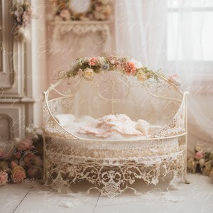 Newborn, Digital Backdrop, Digital Background, baby, girl, bed, flowers, fairytale, wicker, romantic, lace, cream, storybook