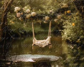Newborn, Digital Backdrop, Digital Background, baby, boy, girl, moss, swing, forest, flowers, whimsical, fairytale, storybook