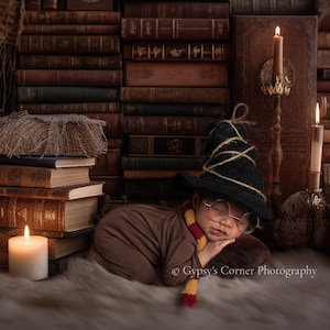 Wizard inspired Newborn Digital Backdrop for a baby boy or girl. Wizard Library with candles, books and fur