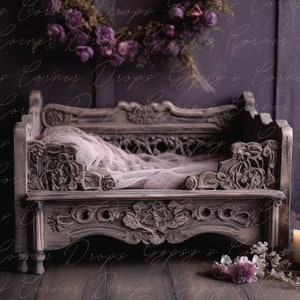 Newborn, Digital Backdrop, Digital Background, baby, girl, boy, bed, flowers, whimsical, wood, boho