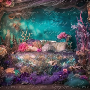 新生児、デジタル背景、デジタル背景、赤ちゃん、女の子、人魚、ベッド、海中、ロマンチック、おとぎ話、気まぐれ