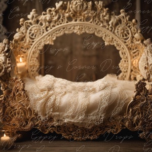 Newborn, Digital Backdrop, Digital Background, baby, girl, bed, flowers, fairytale, wicker, romantic, lace, cream, storybook