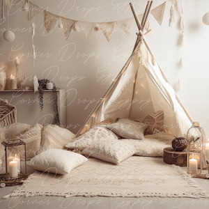 Children, Digital Backdrop, Digital Background, baby, girl, boy, boho, cream, tent, whimsical