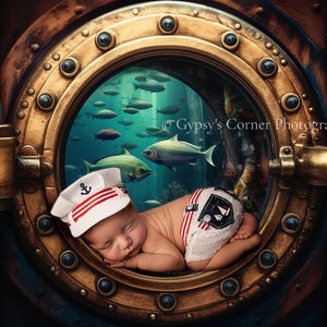 Newborn, Digital Backdrop, Digital Background, baby, girl, boy, porthole, nautical, whimsical, under the sea, under water, fish