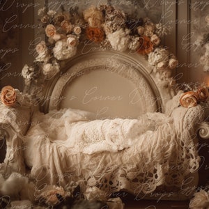 Newborn, Digital Backdrop, Digital Background, baby, girl, bed, flowers, fairytale, wicker, romantic, lace, cream, storybook