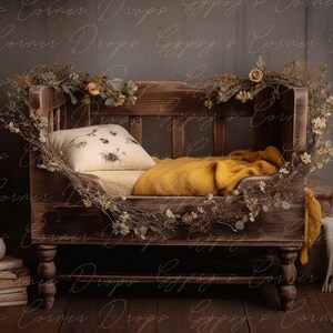 Newborn, Digital Backdrop, Digital Background, baby, girl, boy, bed, flowers, whimsical, wood, boho