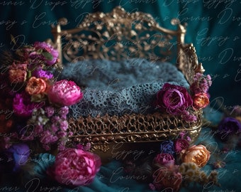 Newborn, Digital Backdrop, Digital Background, baby, girl, bed, flowers, fairytale, storybook, romantic, lace, jewel tones