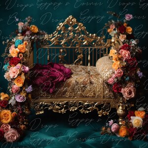 Newborn, Digital Backdrop, Digital Background, baby, girl, bed, flowers, fairytale, storybook, romantic, lace, jewel tones