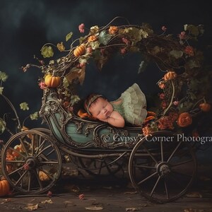 May include: A sleeping baby dressed in a green and white dress lies in a vintage carriage decorated with fall foliage and pumpkins. The carriage is surrounded by fall leaves and pumpkins.
