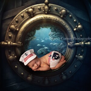 Newborn, Digital Backdrop, Digital Background, baby, girl, boy, porthole, nautical, whimsical, under the sea, under water, fish