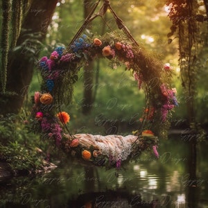 Newborn Digital Backdrop Baby Girl Floral Hoop Flower Ring Forest over water