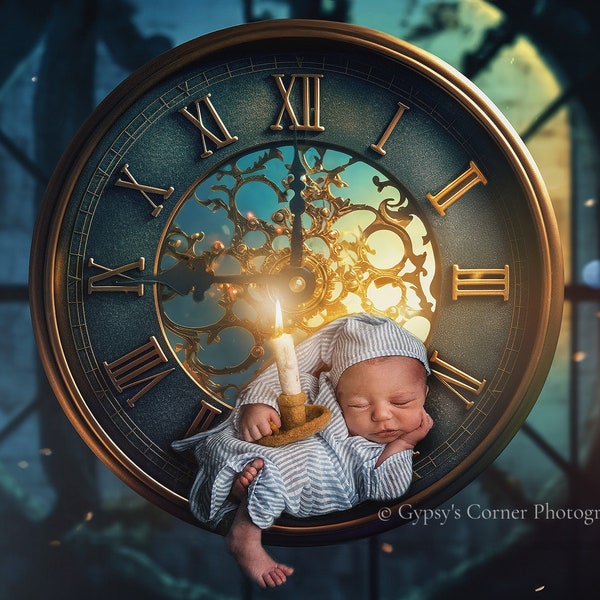 Newborn, Digital Backdrop, Digital Background, baby, girl, boy, New Years, Clock, whimsical, Night, Midnight, Father Time, Sylvester