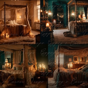 Boudoir, Digital Backdrop, Digital Background, romantic, model, bed, canopy Bed, sensual, dark, candles, candlelight