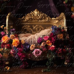 Newborn, Digital Backdrop, Digital Background, baby, girl, bed, flowers, fairytale, storybook, romantic, lace, Jewel tones