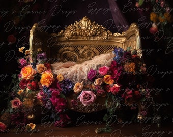 Newborn, Digital Backdrop, Digital Background, baby, girl, bed, flowers, fairytale, storybook, romantic, lace, Jewel tones