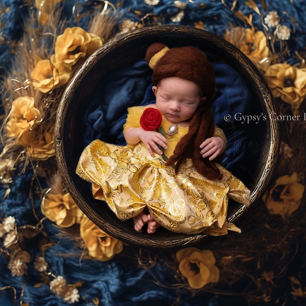Beauty and the Beast inspireerde pasgeboren digitale achtergrond van een kom voor een babyjongen of -meisje, in geel, goud en blauw.