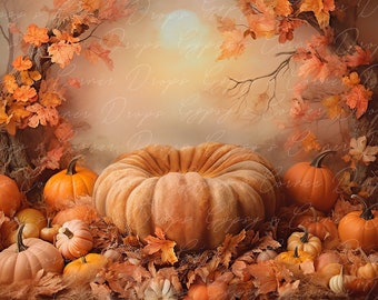 Newborn Digital Backdrops Halloween and Fall Autumn themed bed for a baby girl or boy with pumpkins
