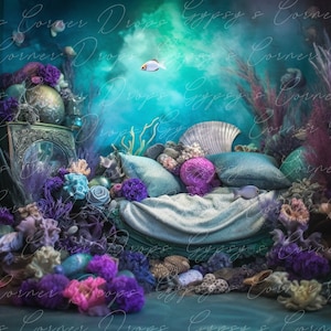 Newborn, Digital Backdrop, Digital Background, baby, Girl, Mermaid, bed, under the sea, romantic, fairytale, whimsical