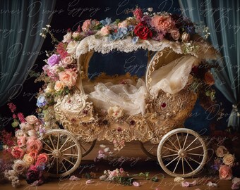 Newborn, Digital Backdrop, Digital Background, baby, Girl, carriage, floral, victorian, princess, fairytale, storybook