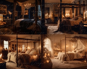 Boudoir, Digital Backdrop, Digital Background, romantic, model, bed, canopy Bed, sensual, dark, candles, candlelight