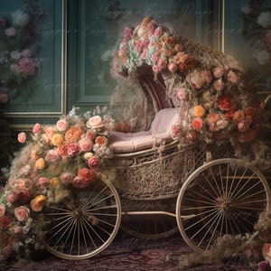 Newborn, Digital Backdrop, Digital Background, baby, Girl, Pram, floral, victorian