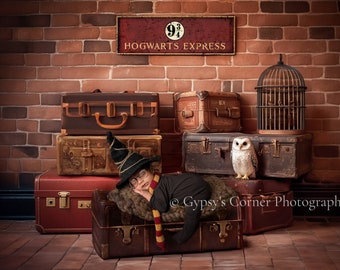 Wizard inspired Newborn Digital Backdrop for a baby boy or girl. Train station and suitcases and owl on their way to the castle