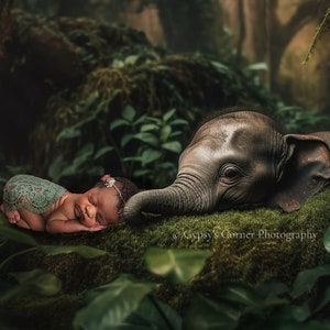 Newborn Digital Backdrop Jungle Book and Mowgli inspired for a baby boy or girl set in a jungle with baby elephant Hathi Jr.