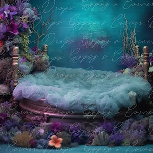Newborn, Digital Backdrop, Digital Background, baby, Girl, Mermaid, bed, under the sea, romantic, fairytale, whimsical