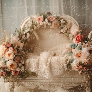 Newborn, Digital Backdrop, Digital Background, baby, girl, bed, flowers, fairytale, wicker, romantic, lace, cream, storybook